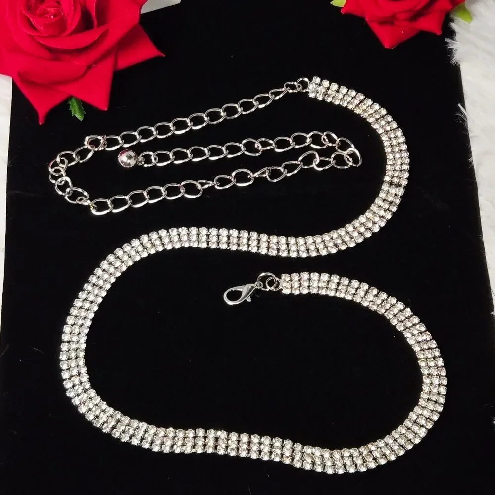 Rhinestone Chain Belt Silver Crystal 3 Row Adjustable Dress Waist Jewelry 39